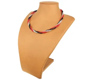 Beaded Necklace Twisted Red Silver Black