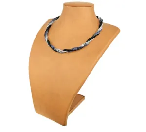 Beaded Necklace Twisted Silver Black Metallic