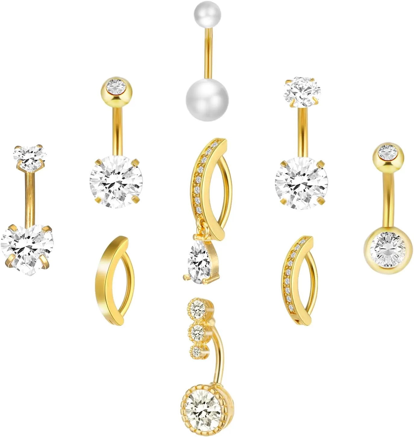 Belly Button Piercing 9pcs Long Belly Button Rings,14G Stainless Steel Diamond Rings For Women,Pendant Navel piercing Jewelry with Butterfly