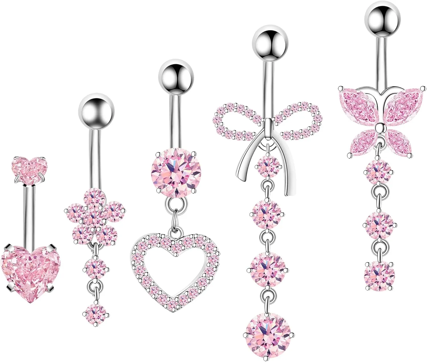Belly Button Ring Dangle Navel Belly Piercing Jewelry Cute Pink CZ Heart Butterfly Bow Flower Navel Belly Rings for Women 14G Silver Stainless Steel Dainty Dangly Dangling Belly Button Piercing