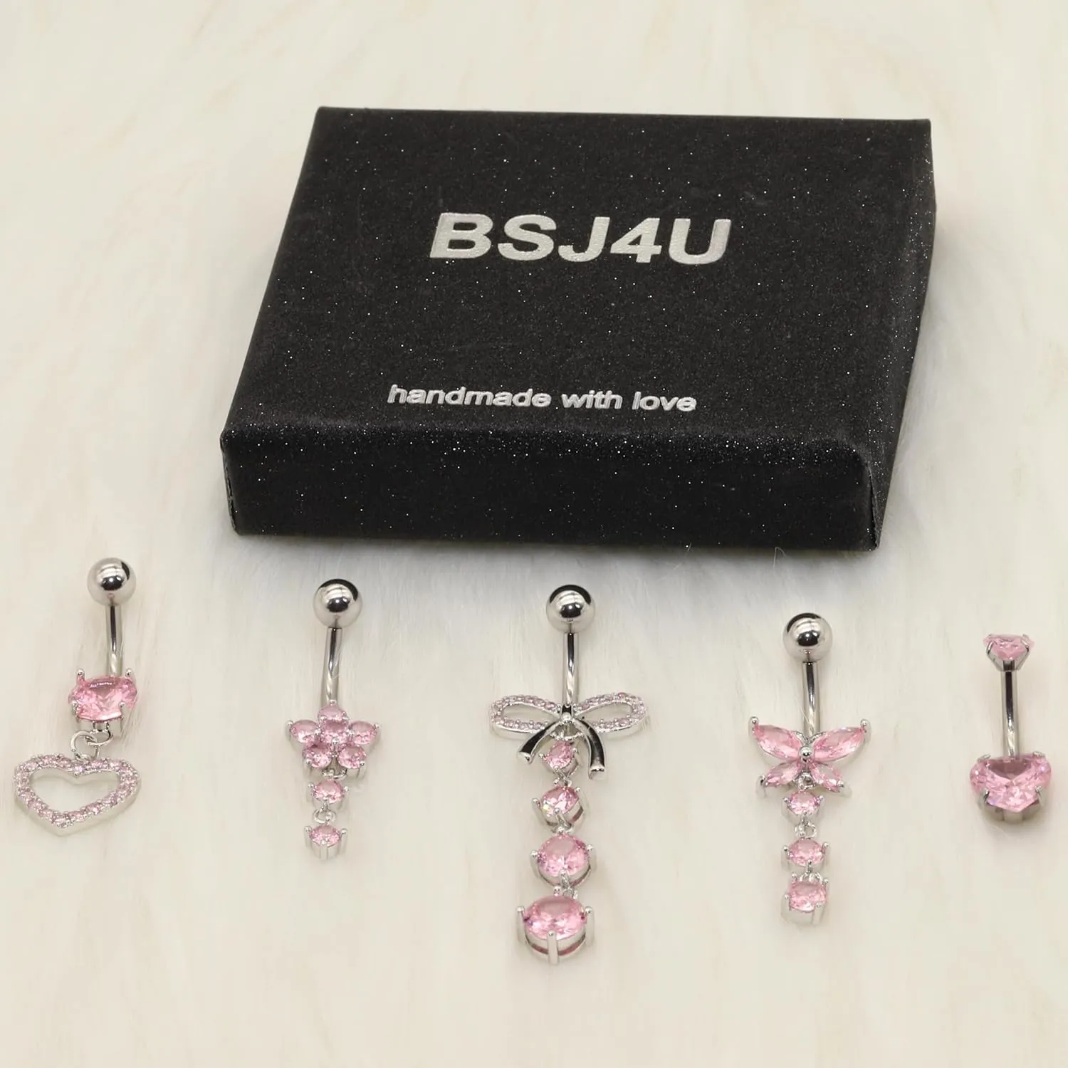 Belly Button Ring Dangle Navel Belly Piercing Jewelry Cute Pink CZ Heart Butterfly Bow Flower Navel Belly Rings for Women 14G Silver Stainless Steel Dainty Dangly Dangling Belly Button Piercing