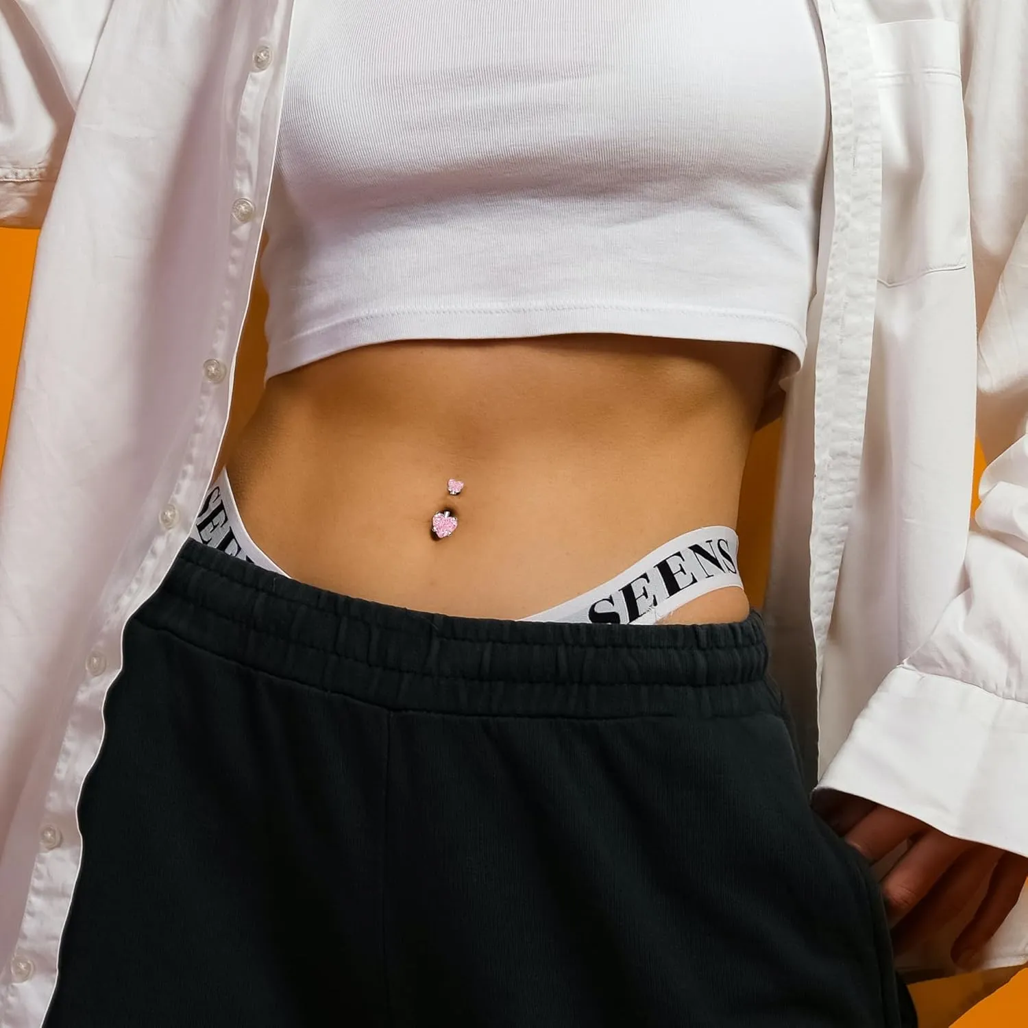 Belly Button Ring Dangle Navel Belly Piercing Jewelry Cute Pink CZ Heart Butterfly Bow Flower Navel Belly Rings for Women 14G Silver Stainless Steel Dainty Dangly Dangling Belly Button Piercing