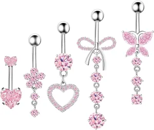 Belly Button Ring Dangle Navel Belly Piercing Jewelry Cute Pink CZ Heart Butterfly Bow Flower Navel Belly Rings for Women 14G Silver Stainless Steel Dainty Dangly Dangling Belly Button Piercing