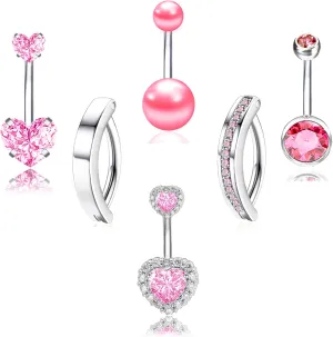 Belly Button Ring Pink 14G Surgical Stainless Steel Dangle Navel Belly Piercing Jewelry Cute CZ Heart Butterfly Bow Flower Navel Rings for Women Dangling Belly Button Piercing Silver/Gold