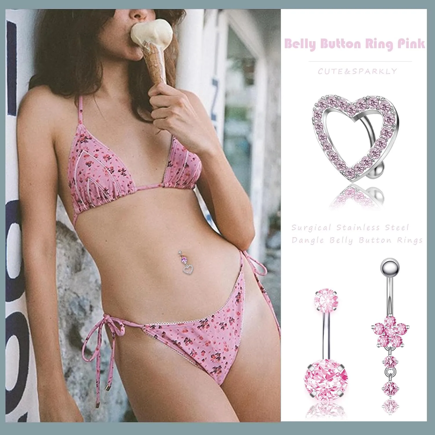 Belly Button Ring Pink 14G Surgical Stainless Steel Dangle Navel Piercing Jewelry Cute CZ Heart Butterfly Bow Navel Rings for Women Dangling Belly Button Piercing