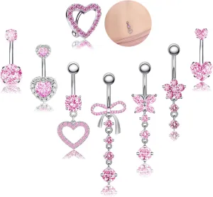 Belly Button Ring Pink 14G Surgical Stainless Steel Dangle Navel Piercing Jewelry Cute CZ Heart Butterfly Bow Navel Rings for Women Dangling Belly Button Piercing