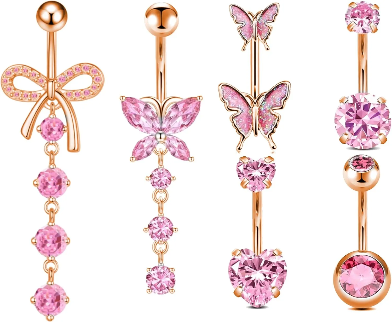 Belly Button Ring Surgical Stainless Steel Belly Button Rings for Women Pink Piercing Jewelry Heat Flower Butterfly Bow Dangling Belly Ring Pack