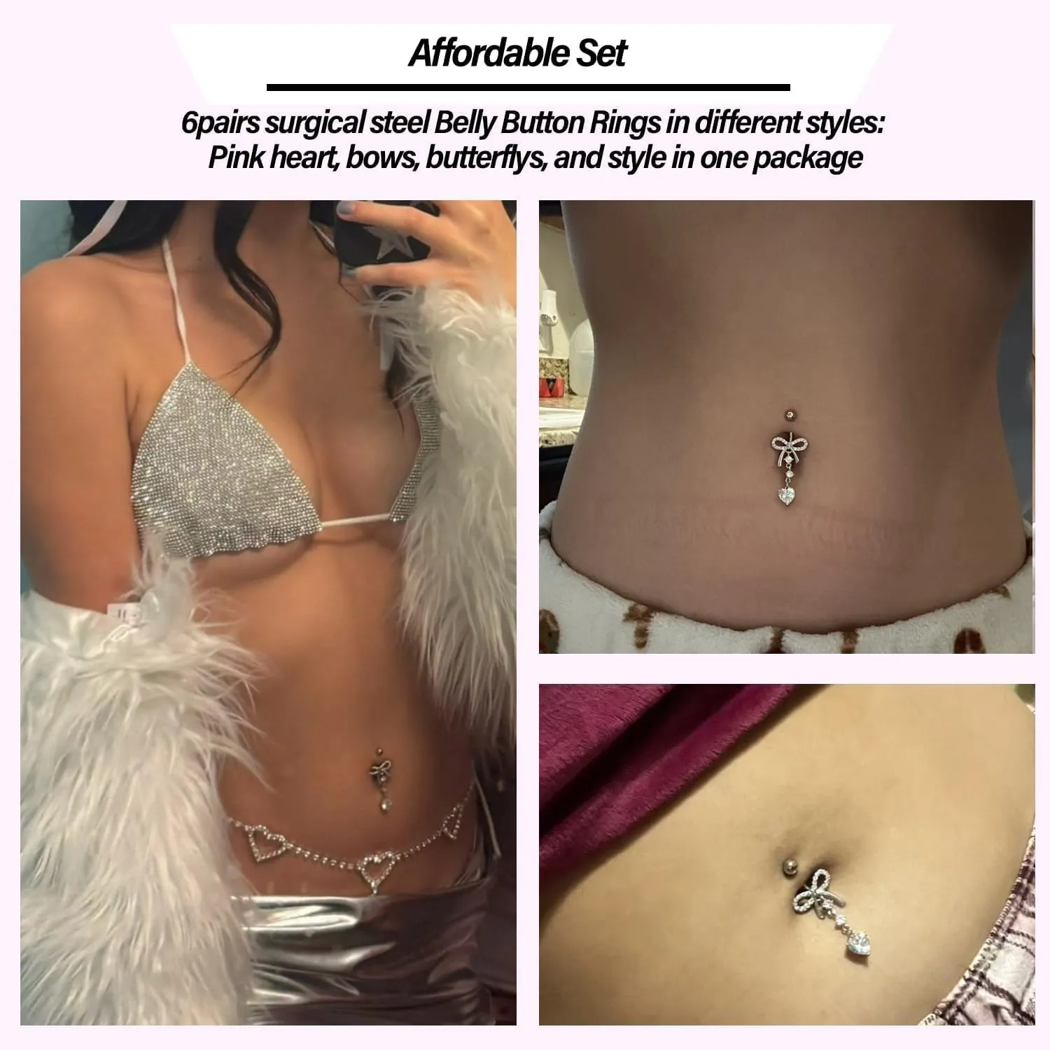 Belly Button Ring Surgical Stainless Steel Belly Button Rings for Women Pink Piercing Jewelry Heat Flower Butterfly Bow Dangling Belly Ring Pack