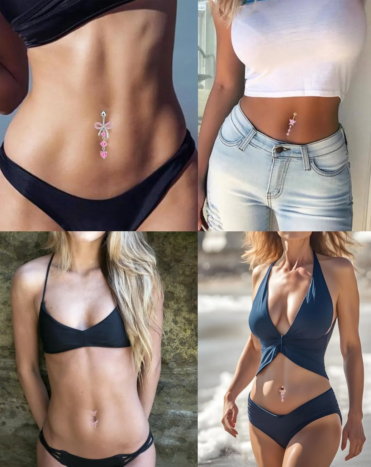 Belly Button Ring Surgical Stainless Steel Belly Button Rings for Women Pink Piercing Jewelry Heat Flower Butterfly Bow Dangling Belly Ring Pack