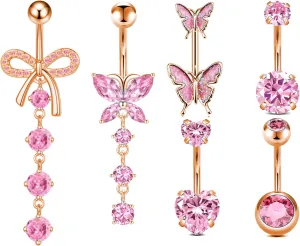 Belly Button Ring Surgical Stainless Steel Belly Button Rings for Women Pink Piercing Jewelry Heat Flower Butterfly Bow Dangling Belly Ring Pack