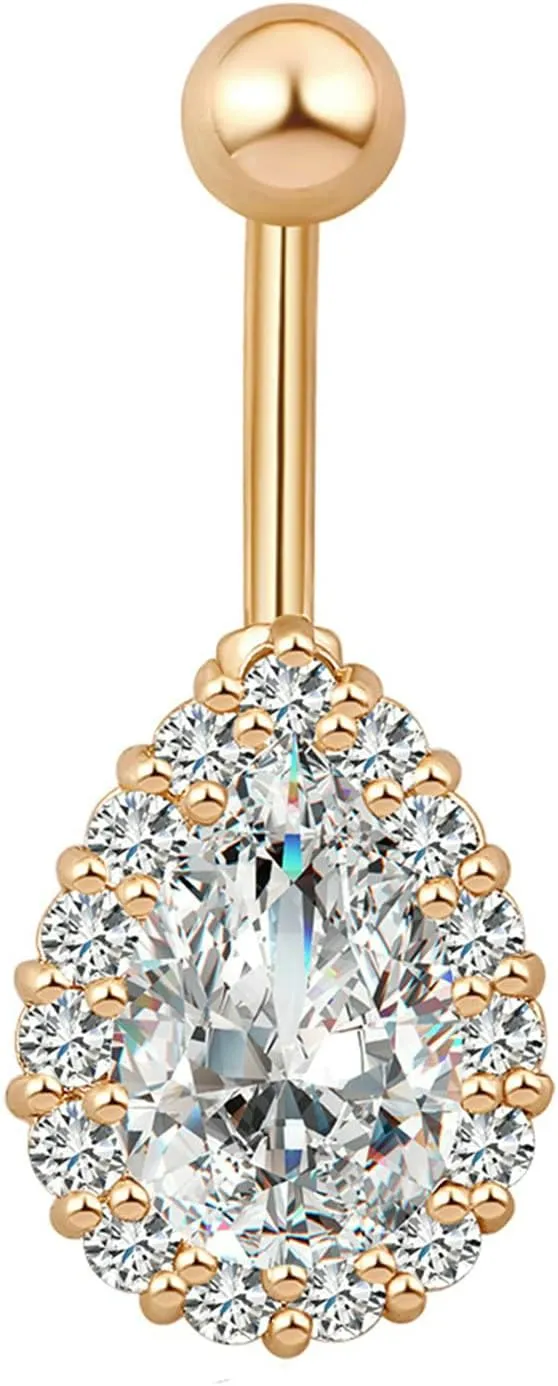 Belly Button Rings 14G Stainless Steel, Teardrop Belly Button Ring Unique Cubic Zirconia Stud Belly Ring Valentines