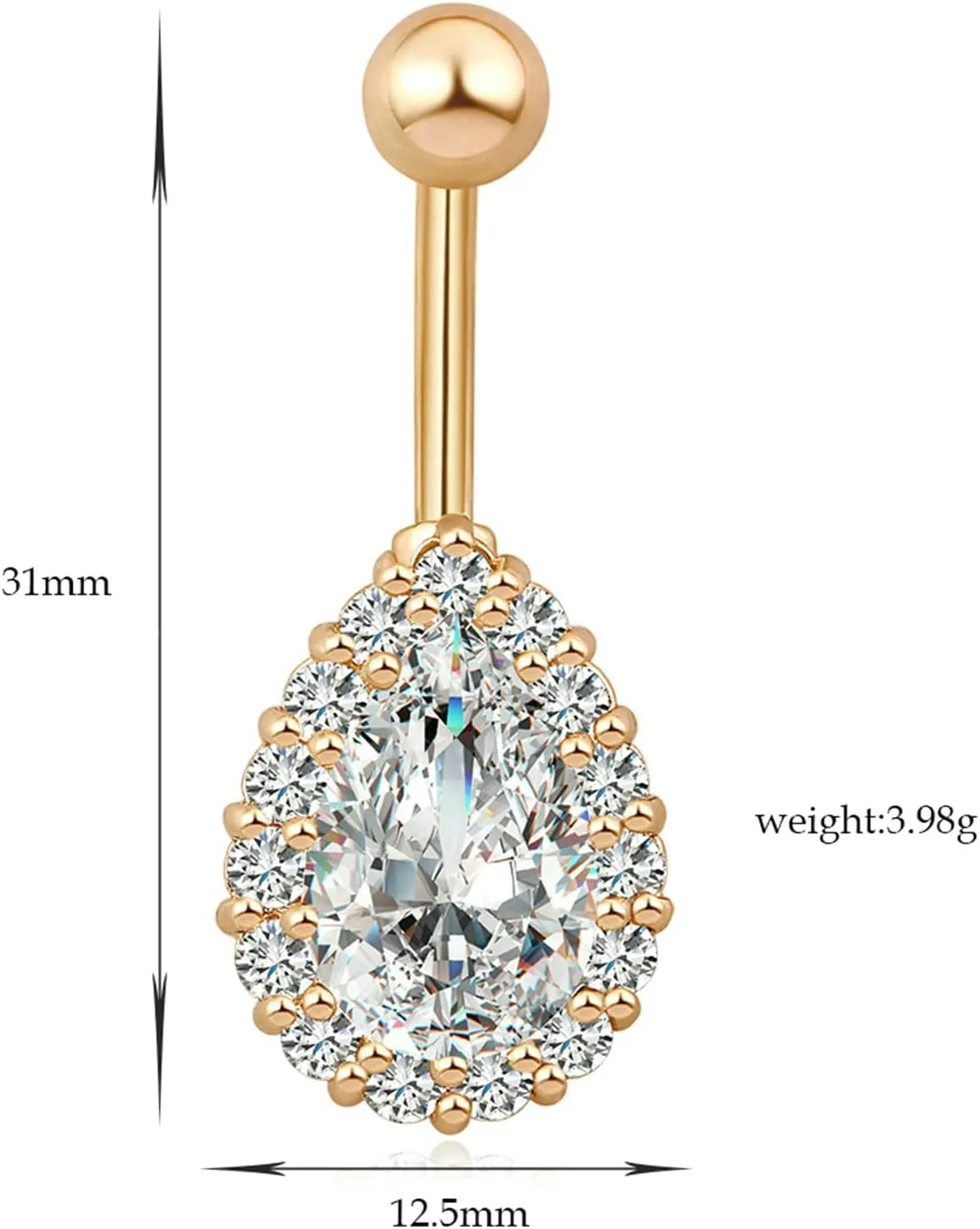 Belly Button Rings 14G Stainless Steel, Teardrop Belly Button Ring Unique Cubic Zirconia Stud Belly Ring Valentines