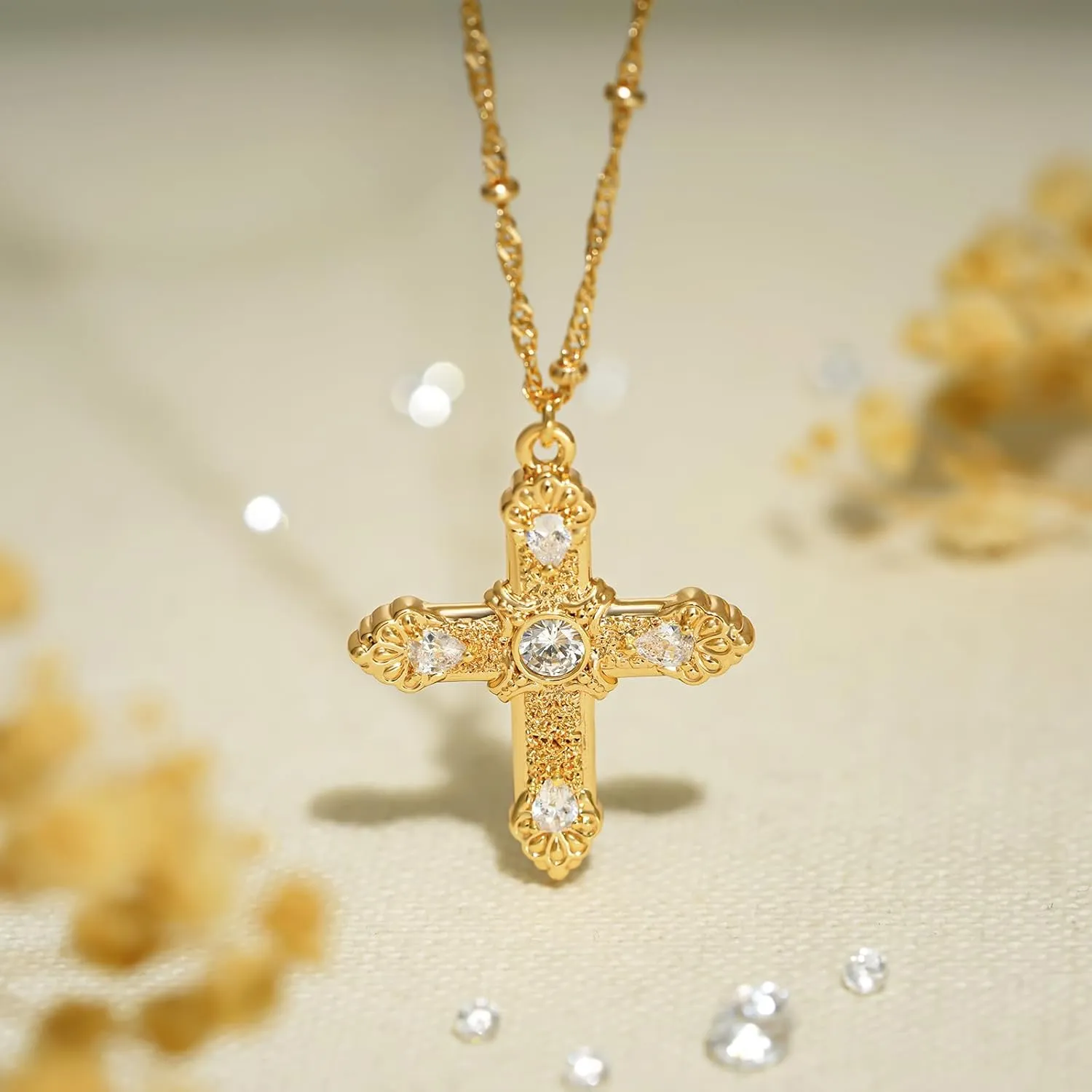 BENEIGE Gold Cross Necklace 14K Gold Plated Dainty Simple Cubic Zircon Chain Celtic Cross Pendant Necklace Jewelry for Women Men