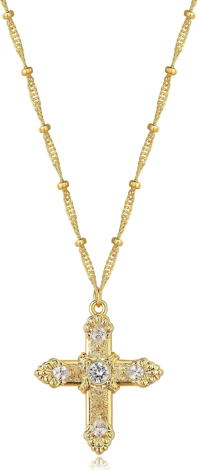 BENEIGE Gold Cross Necklace 14K Gold Plated Dainty Simple Cubic Zircon Chain Celtic Cross Pendant Necklace Jewelry for Women Men