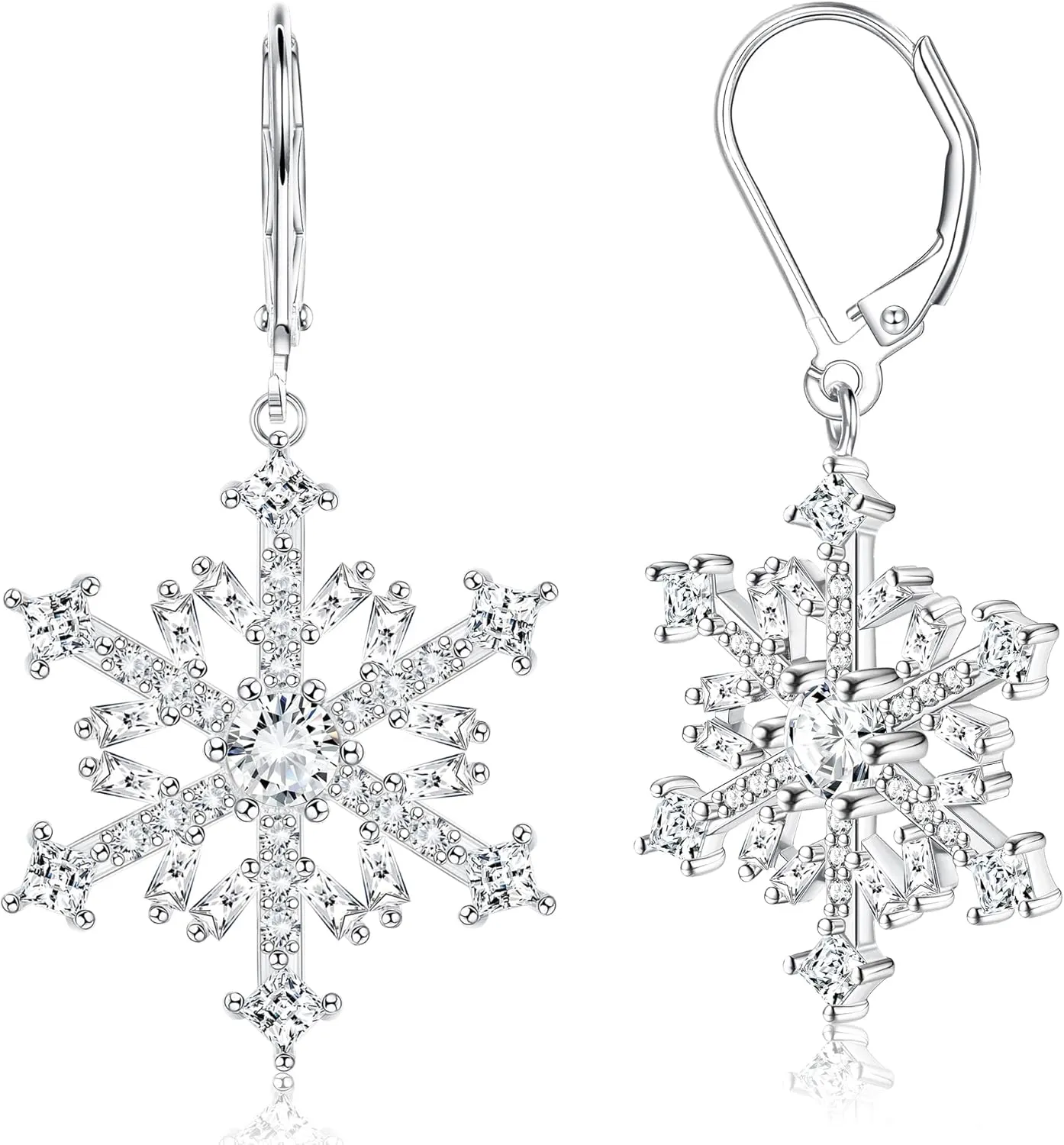 BESTEEL 925 Sterling Silver Snowflake Earrings for Women Cubic Zirconia Winter Frozen Flower Earrings Snowflake Leverback Earrings Pierced Snowflake Drop&Dangle Earrings Jewelry Holiday Christmas