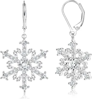 BESTEEL 925 Sterling Silver Snowflake Earrings for Women Cubic Zirconia Winter Frozen Flower Earrings Snowflake Leverback Earrings Pierced Snowflake Drop&Dangle Earrings Jewelry Holiday Christmas
