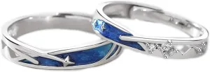 BIBABLYKE 2pieces Lovers Rings Set Adjustable Sea Blue Meteoric Star Couples Rings Band Matching Set for Him and Her Daily Wear Silver Copper