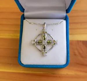 Birthstone Cross Sterling Silver Pendant, Vintage Pendant Necklace with CZ Gemstone - August, Peridot, with 18 Inch Sterling Silver Chain