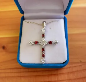 Birthstone Cross Sterling Silver Pendant, Vintage Pendant Necklace with CZ Gemstone - January, Garnet, with 18 Inch Sterling Silver Chain