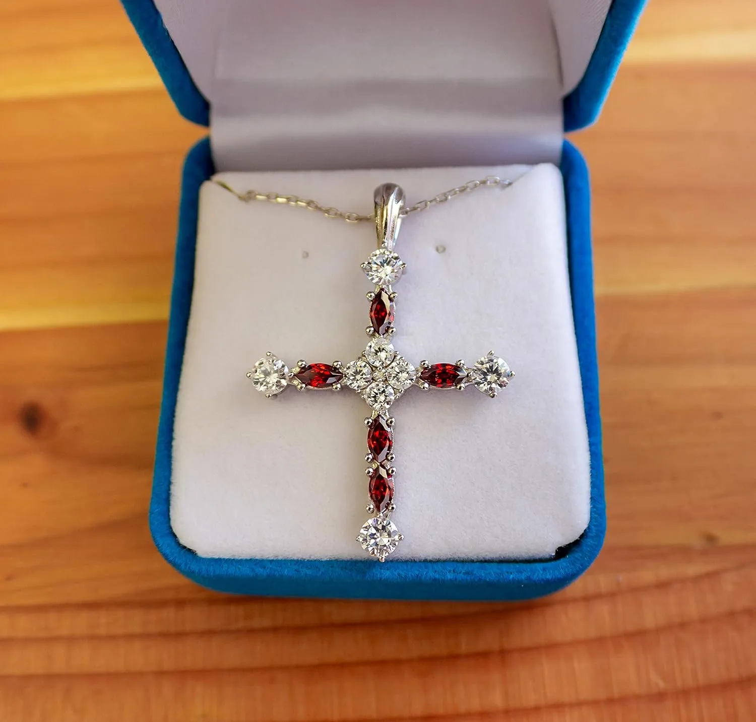 Birthstone Cross Sterling Silver Pendant, Vintage Pendant Necklace with CZ Gemstone - January, Garnet, with 18 Inch Sterling Silver Chain
