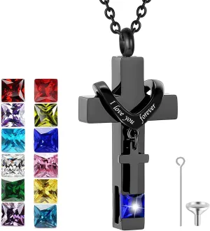 Birthstones Urn Necklaces for Ashes Crystal Cross Cremation Pendant Urns for Human Ashes Memorial Keepsake Locket Jewelry for Men Women