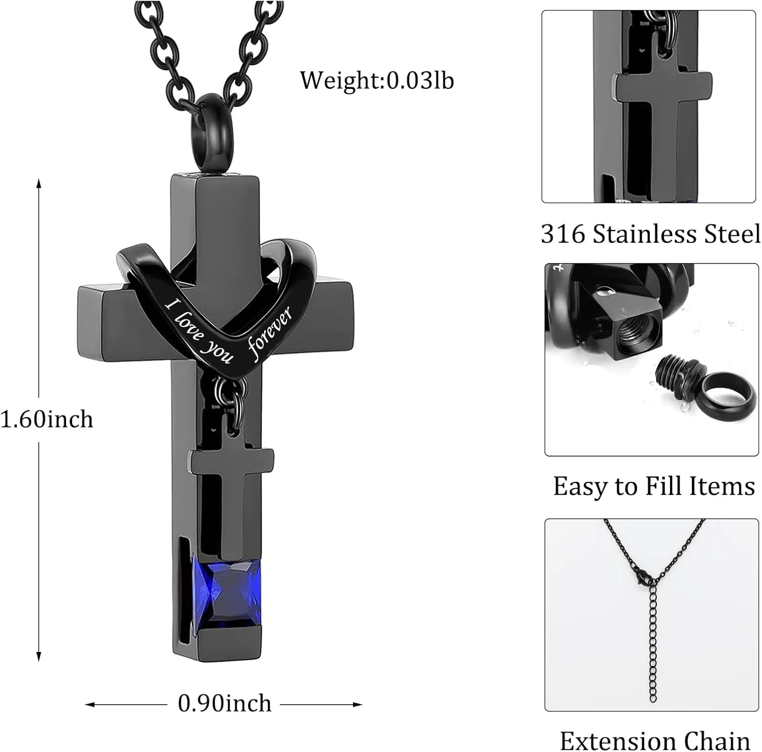 Birthstones Urn Necklaces for Ashes Crystal Cross Cremation Pendant Urns for Human Ashes Memorial Keepsake Locket Jewelry for Men Women