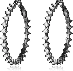 Black CZ Open C Hoops Earrings 1.6", Round Diamond Cubic Zirconia Hoop Earring Gift for Mom