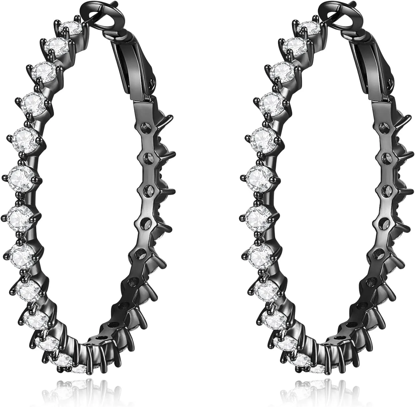 Black CZ Open C Hoops Earrings 1.6", Round Diamond Cubic Zirconia Hoop Earring Gift for Mom