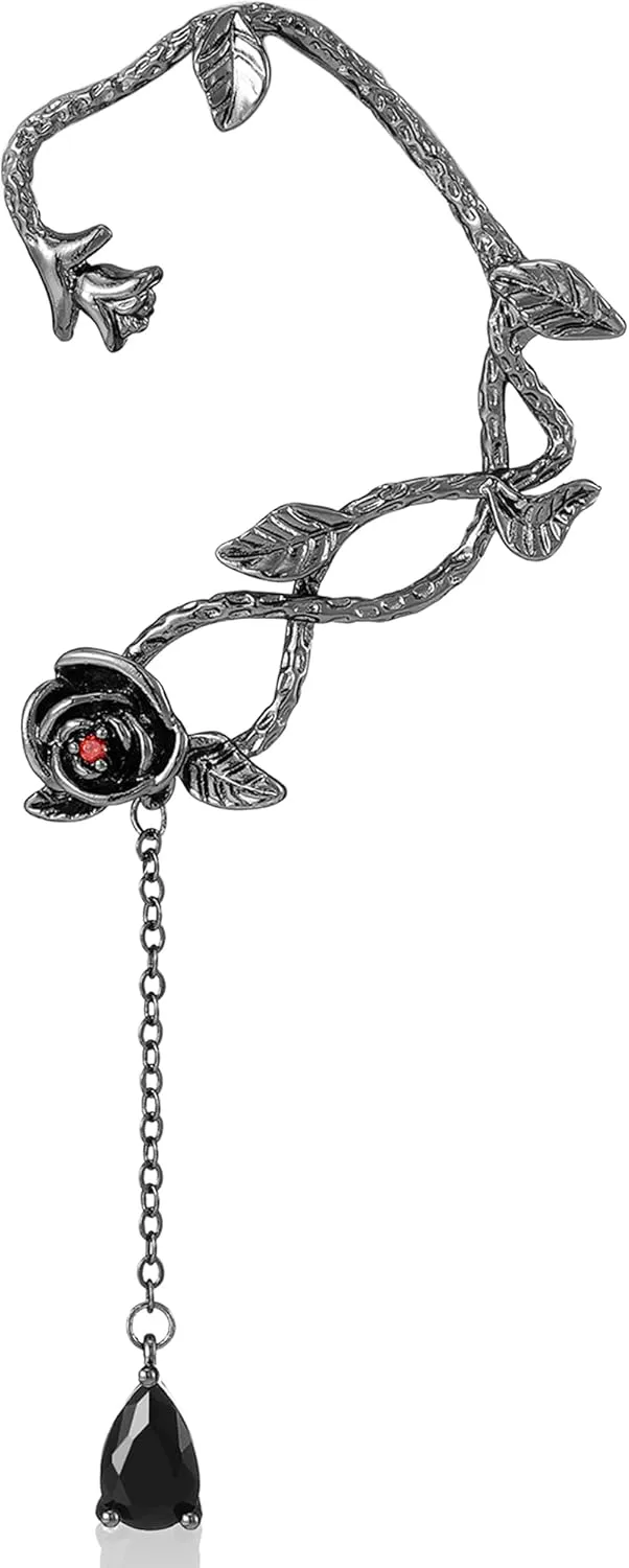 Black Elf Ear Cuff Gothic Single Left Handmade Non Piercing Earring for Women