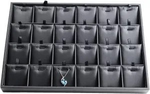 Black PU Leather Jewelry Display Tray 24 Grids Pendant Earrings Necklace Organizer Display Showcase Jewelry Storage Tray