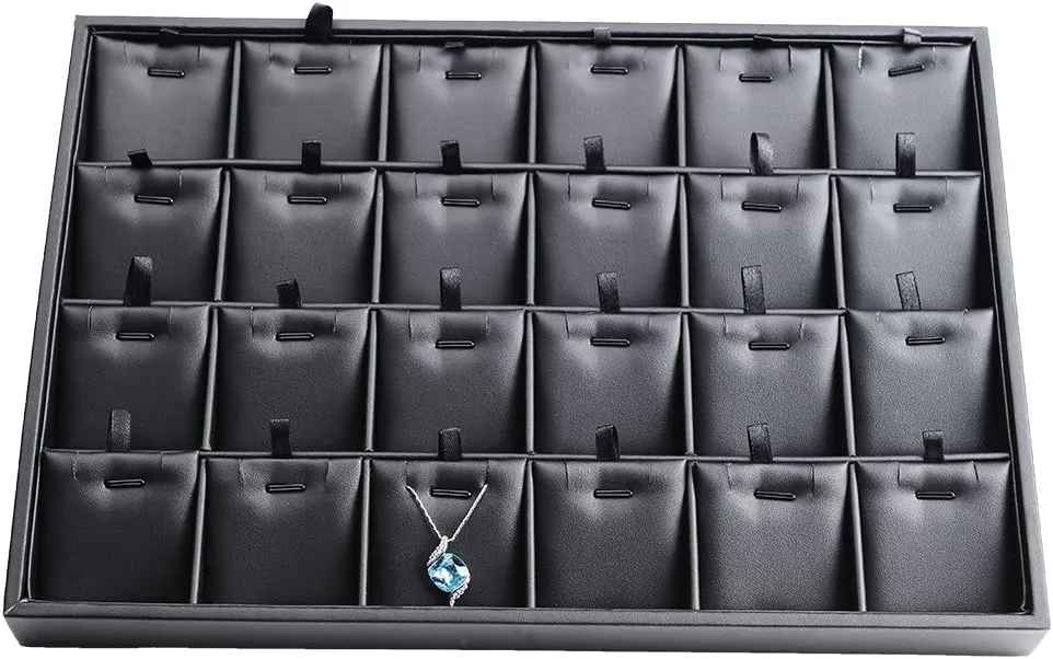 Black PU Leather Jewelry Display Tray 24 Grids Pendant Earrings Necklace Organizer Display Showcase Jewelry Storage Tray