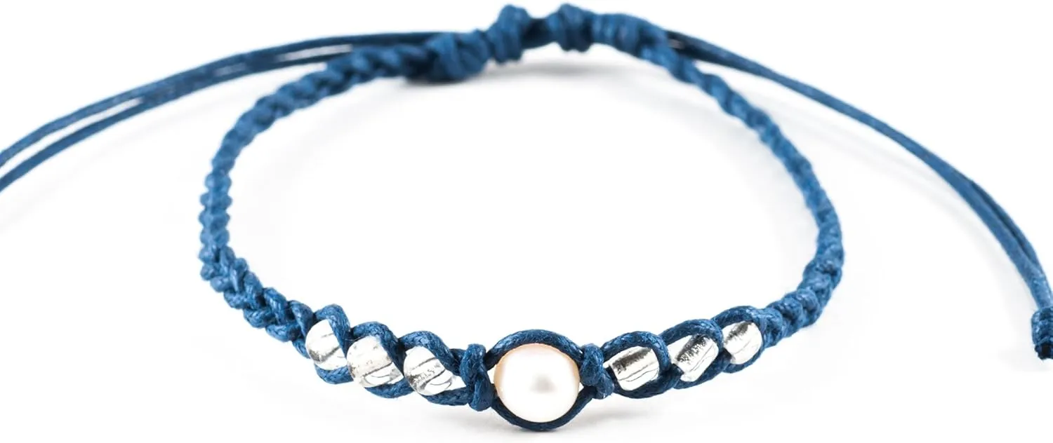 BlueRica Genuine Cultured Fresh Water Pearl on Adjustable Braided Cord Bracelet with Clear Beads (Navy Blue)