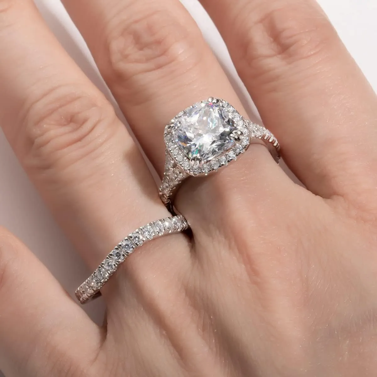 Bo.Dream 925 Sterling Silver Wedding Sets For Women 3ct Cushion Cut Cubic Zirconia Halo Engagement Rings