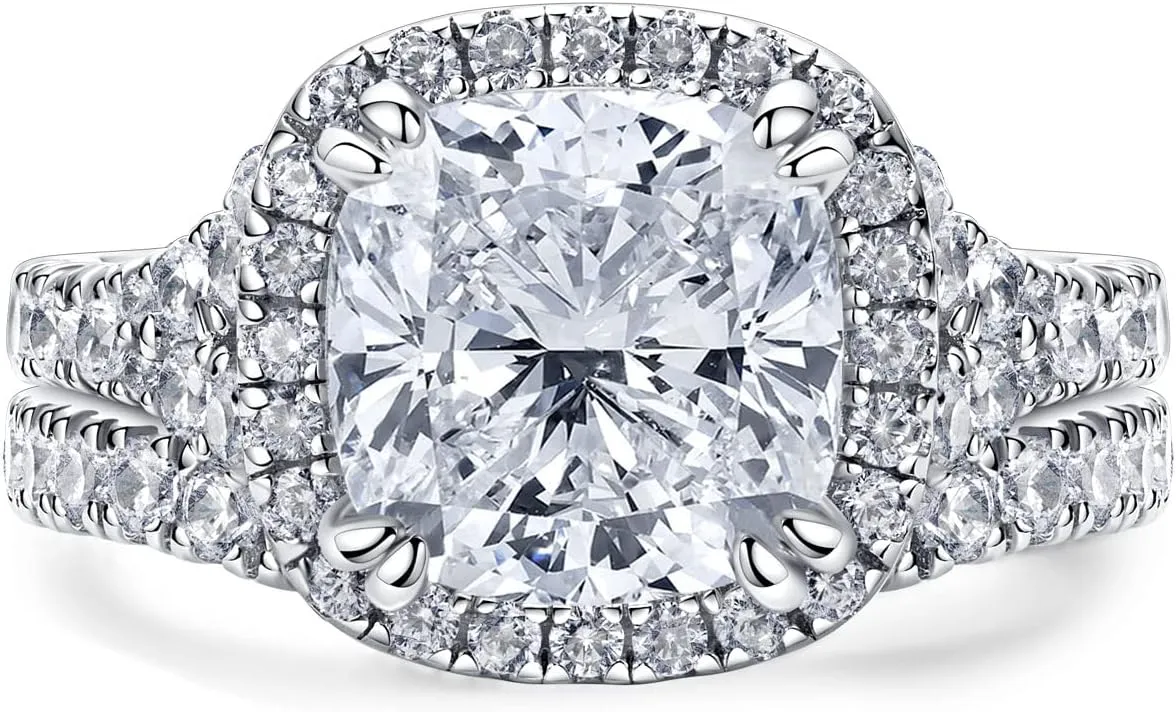 Bo.Dream 925 Sterling Silver Wedding Sets For Women 3ct Cushion Cut Cubic Zirconia Halo Engagement Rings