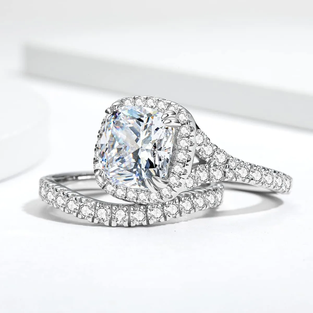 Bo.Dream 925 Sterling Silver Wedding Sets For Women 3ct Cushion Cut Cubic Zirconia Halo Engagement Rings
