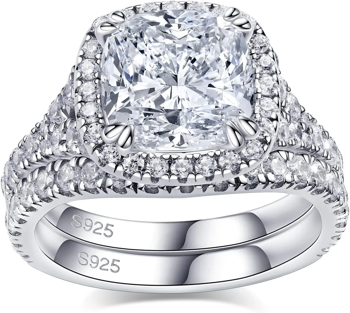 Bo.Dream 925 Sterling Silver Wedding Sets For Women 3ct Cushion Cut Cubic Zirconia Halo Engagement Rings