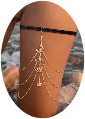 Body Chain for Women Boho Butterfly Leaf Heart Strench Thigh Chain Summer Beach Leg Chain Gold Layered Body Chains Jewelry