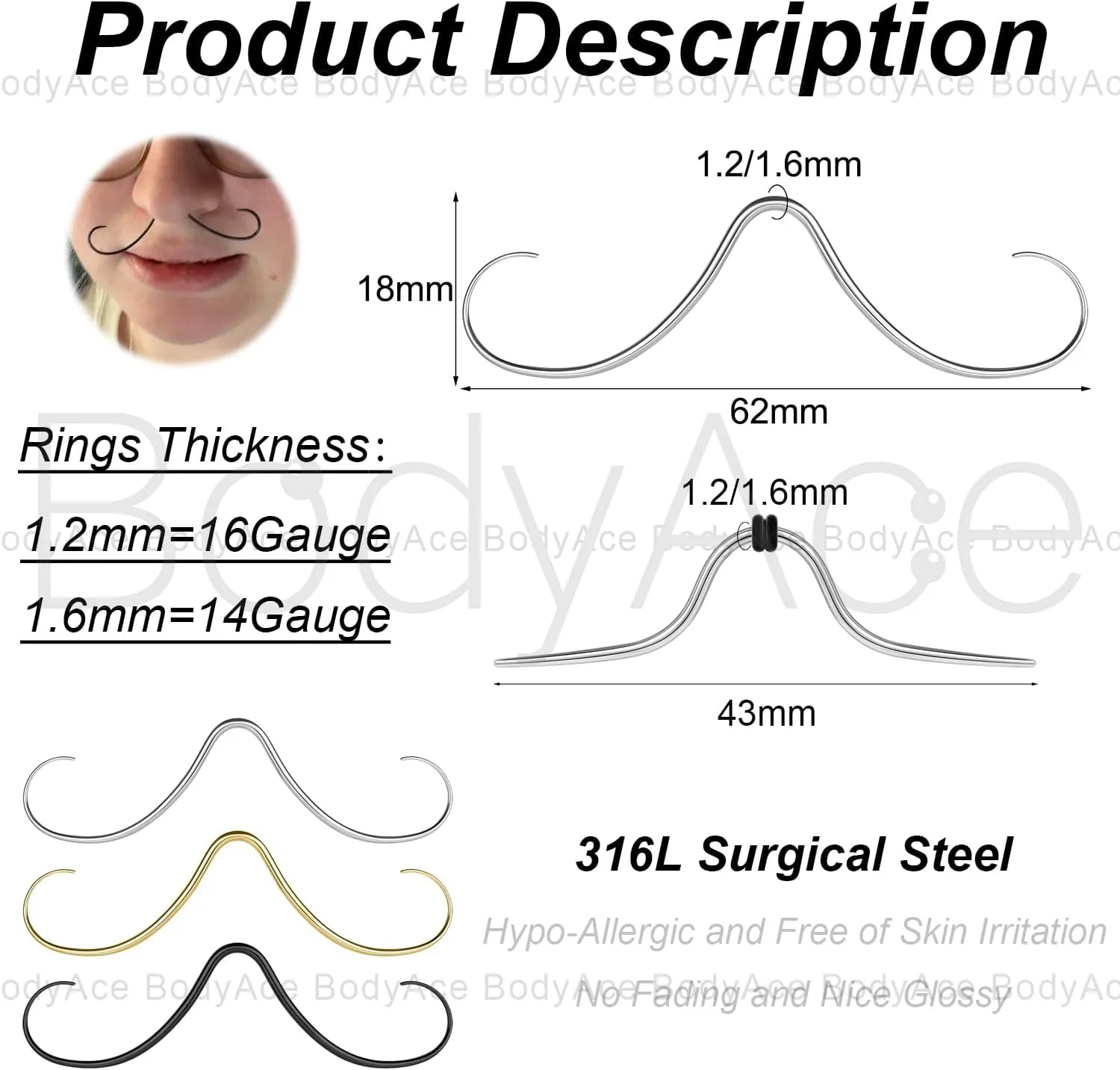 BodyAce 14G 16G Mustache Septum Ring, 316L Surgical Steel Nose Rings for Men Women, 2Pcs Funny Mustache Hanger Piercing Nose Jewelry Black Gold Silver