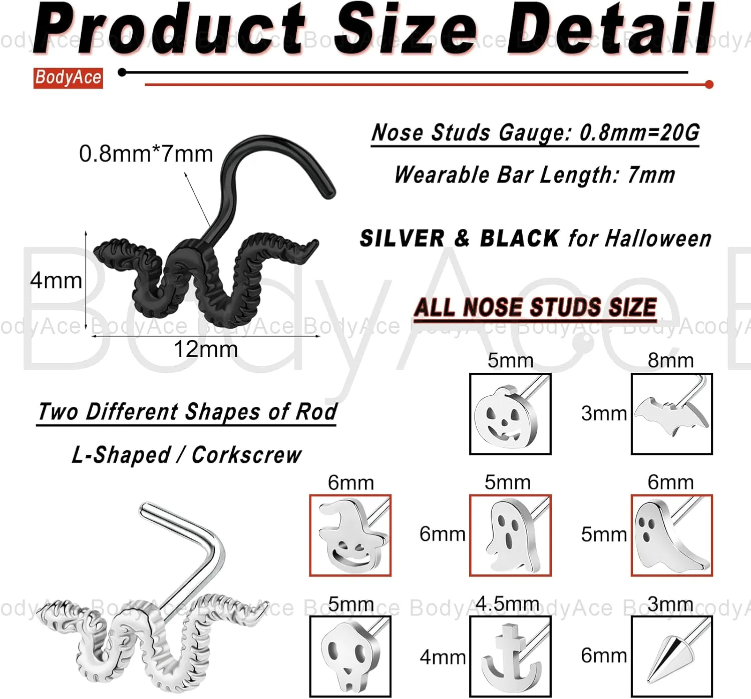 BodyAce 20G Halloween Nose Piercing Jewelry, Stainless Steel Nostril Studs Black Nose Rings, Gothic Bat Screw Nose Stud L Shaped Skull Ring for Women Men