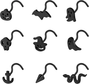 BodyAce 20G Halloween Nose Piercing Jewelry, Stainless Steel Nostril Studs Black Nose Rings, Gothic Bat Screw Nose Stud L Shaped Skull Ring for Women Men