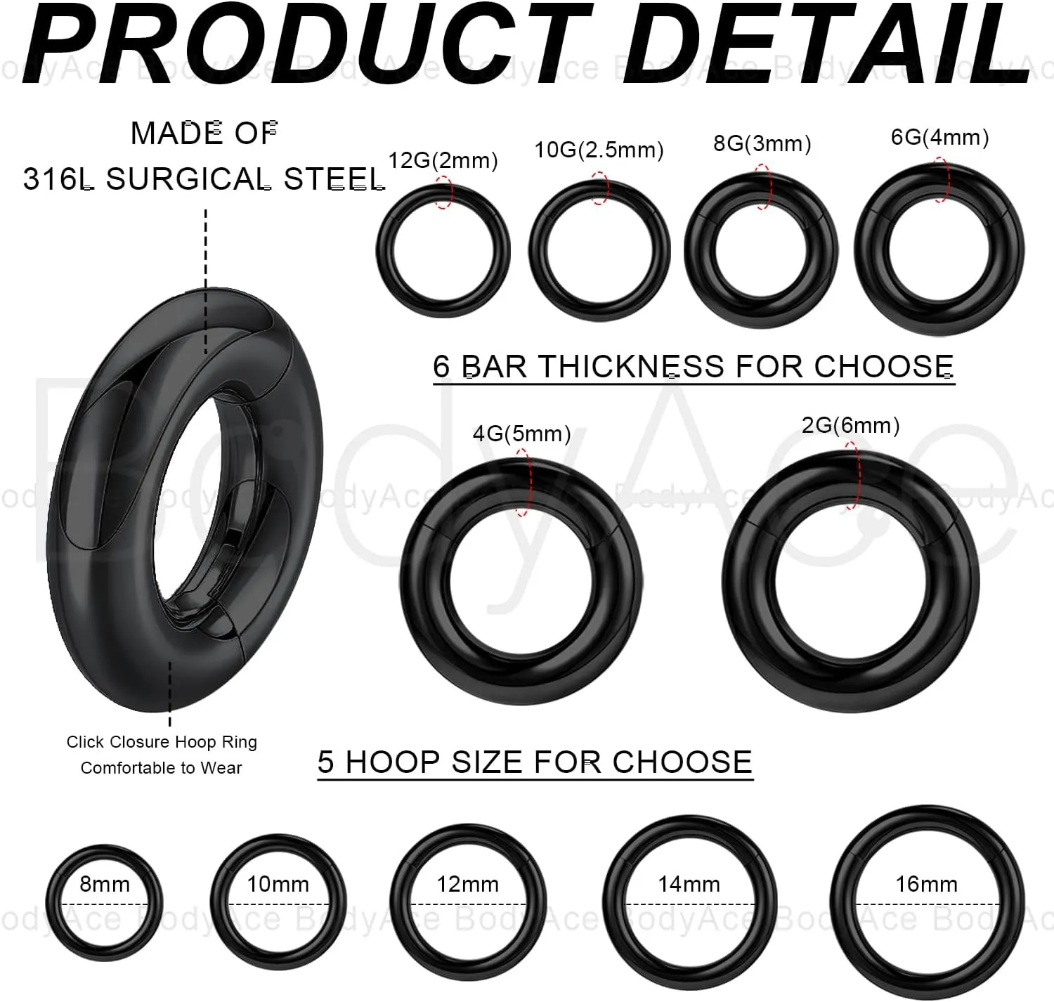 BodyAce Black Hinged Segment Clicker PA Rings, 2G 4G 6G 8G 10G 12G Large Spring Action BCR Rings, Surgical Steel Septum Nose Rings Ear Gauges Earrings Hoops