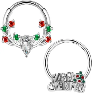 BodyAce Christmas Nose Rings Septum Hoops, 16g Daith Earrings Conch Piercing Tragus Jewelry, Surgical Steel Septum Ring for Women Christmas Nose Hoop