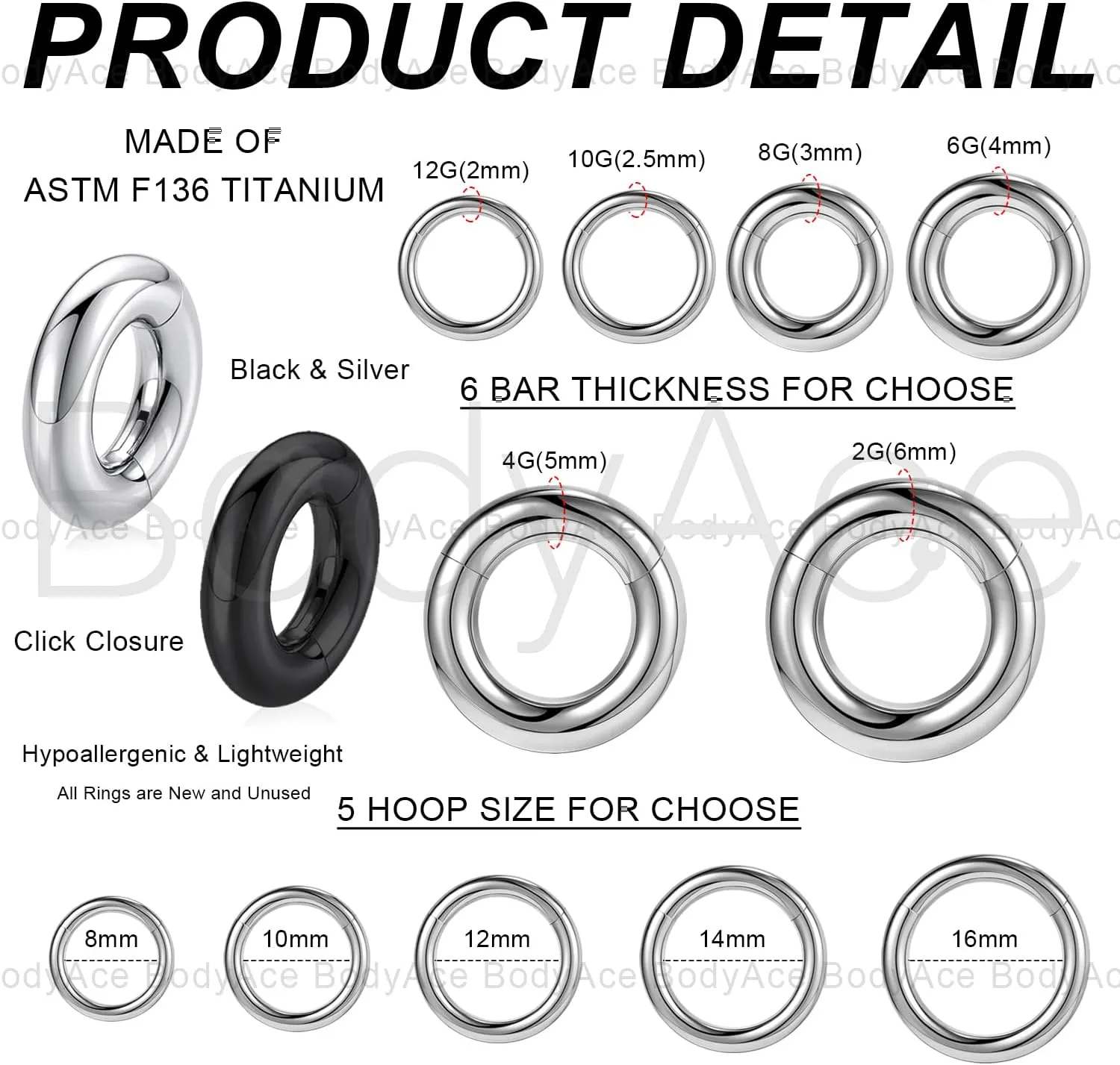 BodyAce F136 Titanium Hinged Large Septum Nose Rings, 2G 4G 6G 8G 10G 12G Segment Clicker PA Ring, Spring Action BCR Rings Earrings Gauges Hoop Body Jewelry