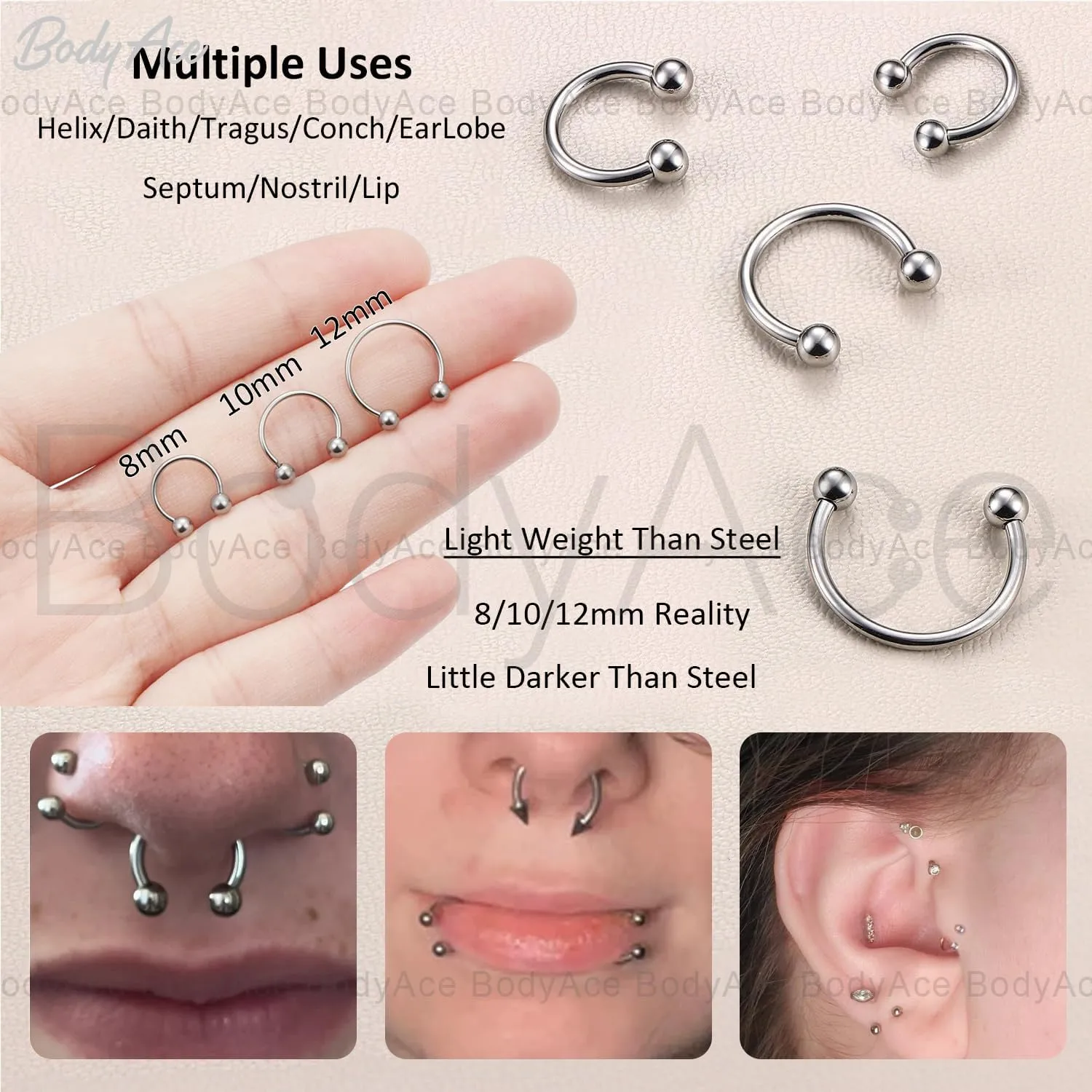 BodyAce F136 Titanium Septum Rings Nose Hoops, Internally Threaded Lip Piercing Cartilage Jewelry, 14g/16g Horseshoe Circular Barbells for Tragus Helix Eyebrow