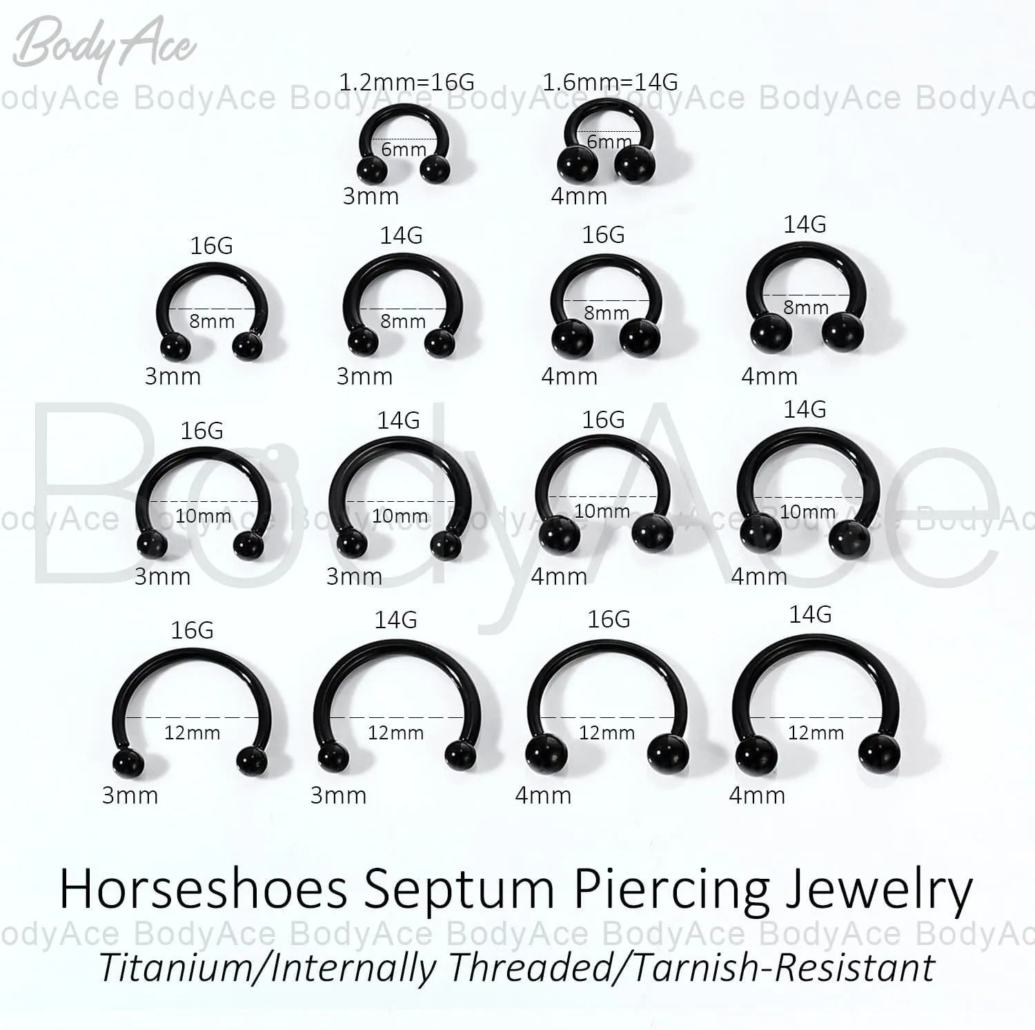 BodyAce F136 Titanium Septum Rings Nose Hoops, Internally Threaded Lip Piercing Cartilage Jewelry, 14g/16g Horseshoe Circular Barbells for Tragus Helix Eyebrow