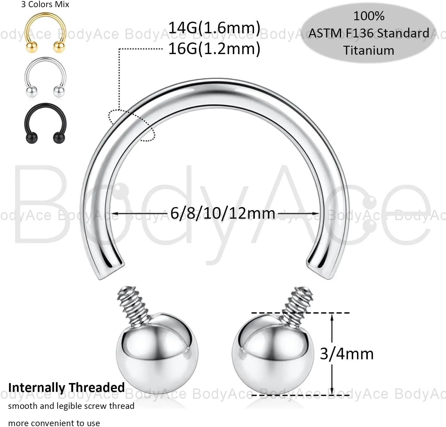 BodyAce F136 Titanium Septum Rings Nose Hoops, Internally Threaded Lip Piercing Cartilage Jewelry, 14g/16g Horseshoe Circular Barbells for Tragus Helix Eyebrow