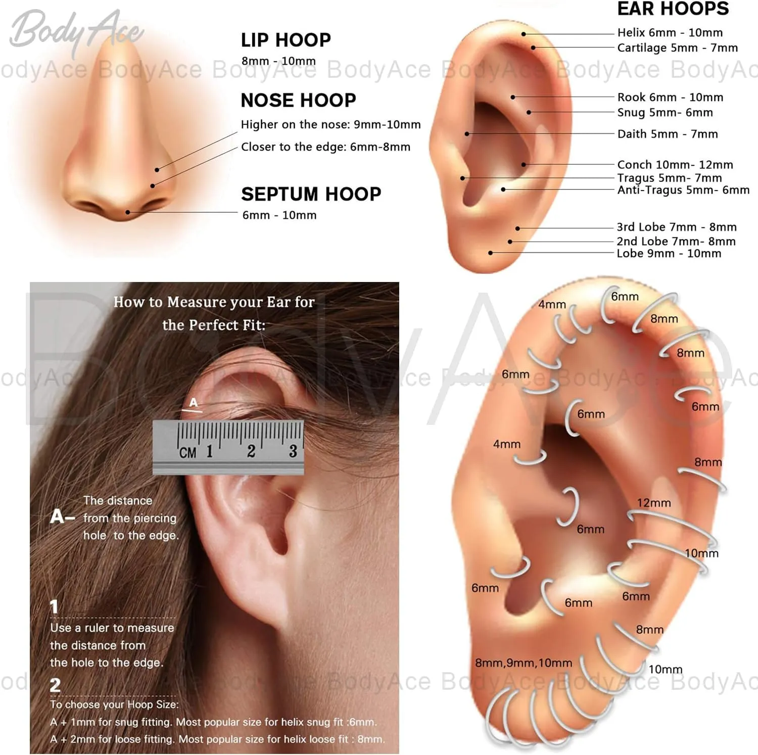 BodyAce F136 Titanium Septum Rings Nose Hoops, Internally Threaded Lip Piercing Cartilage Jewelry, 14g/16g Horseshoe Circular Barbells for Tragus Helix Eyebrow