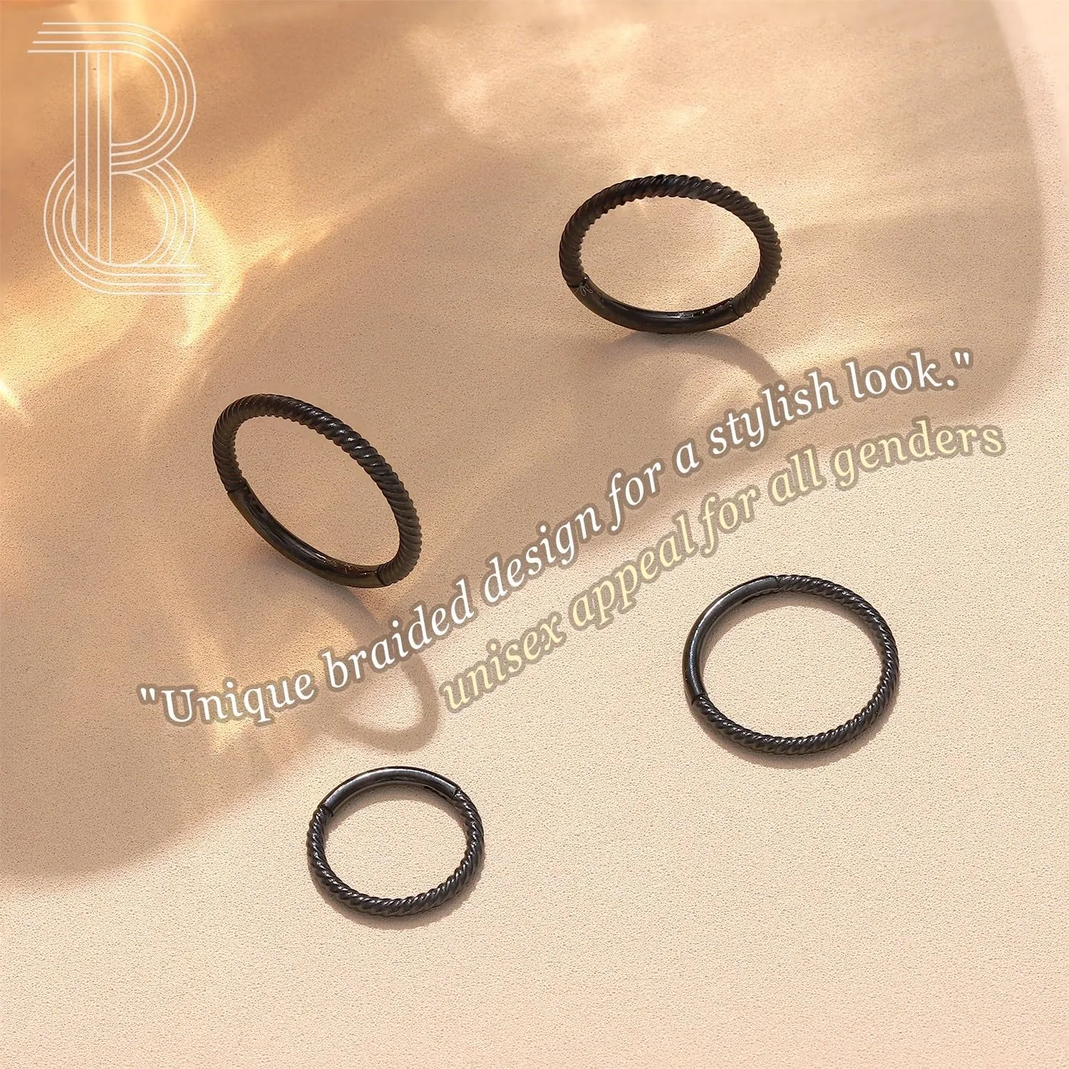 BodyBonita Hinged Nose Rings Hoops - 316L Surgical Steel Twisted Seamless Clicker Cartilage Earrings Septum Rings Jewelry Conch Piercing Tragus Rook Daith Helix for Women Gold/Black/Silver 16G/18G