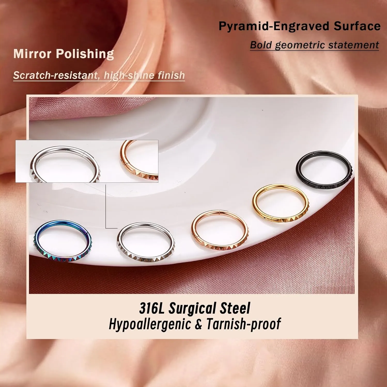 BodyBonita Segment Nose Rings Hoops - 316L Surgical Steel Nose Piercings Pyramid Septum Rings Lip Helix Daith Conch Jewelry