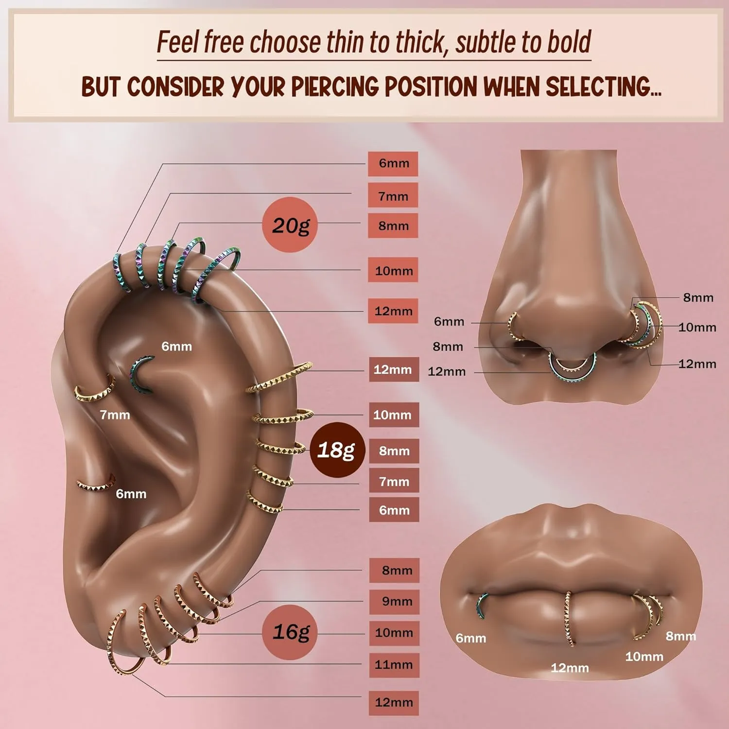 BodyBonita Segment Nose Rings Hoops - 316L Surgical Steel Nose Piercings Pyramid Septum Rings Lip Helix Daith Conch Jewelry